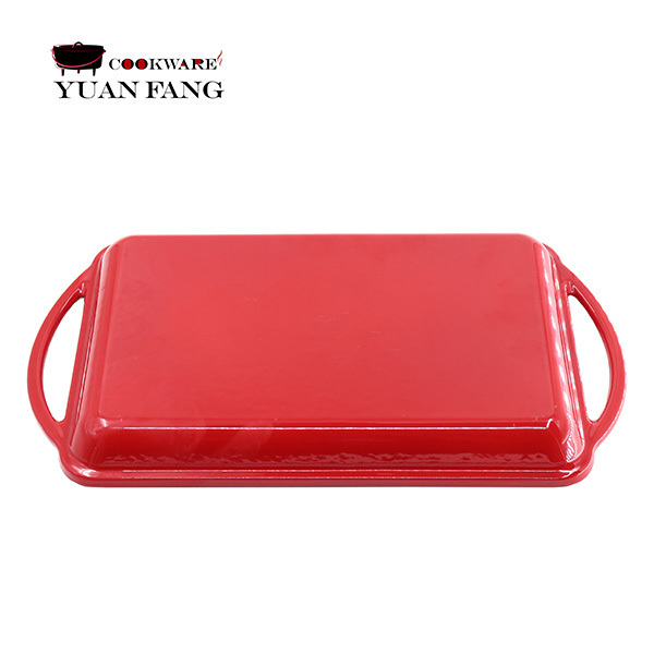 Hot Sale Camping Cookware 22CM Enameled Cast Iron Rectangle Griddle Plate Double Handle Barbecue Grill