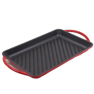 Hot Sale Camping Cookware 22CM Enameled Cast Iron Rectangle Griddle Plate Double Handle Barbecue Grill