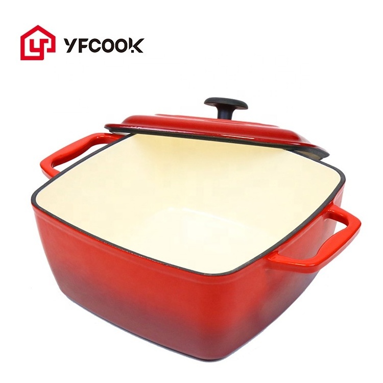 Wholesale Kitchen Cooking Pot 25CM Cast Iron Cookware; Square Enamel Dutch Oven; Red Casserole Cocotte