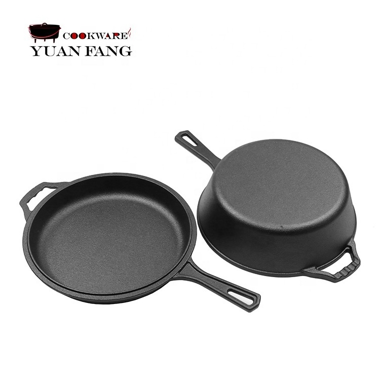 Preseasoned 26CM Camping Cookware 2 In 1 Multi Cast Iron Skillet Pan And Dutch Oven Set Cast Iron Combo Cooker