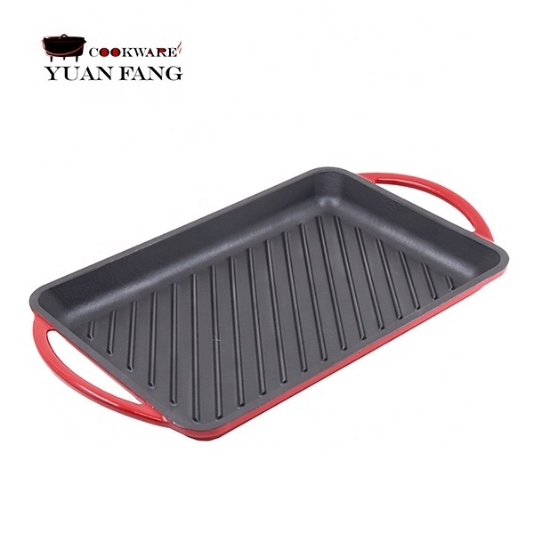 Hot Sale Camping Cookware 22CM Enameled Cast Iron Rectangle Griddle Plate Double Handle Barbecue Grill