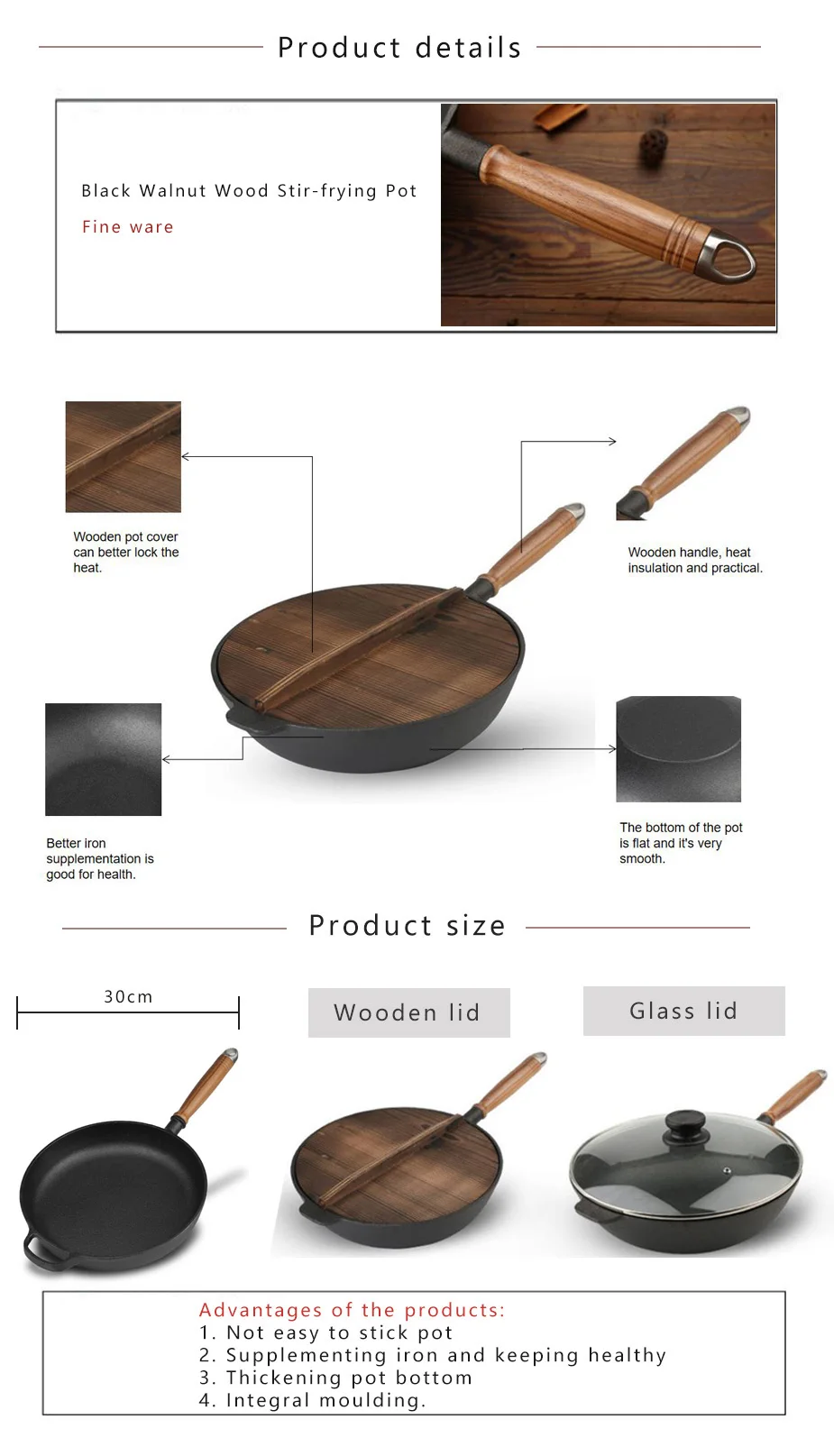 Factory Price Preseasoned Cookware 28CM Round Non-Stick Cast Iron Skillet Frying Pan Wok with Walnut Wood Handle