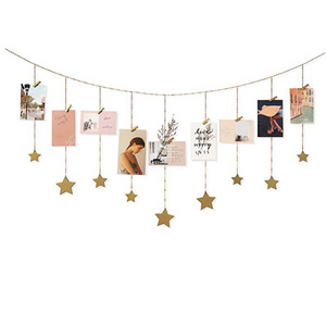 Hanging Photo Display Boho Decor Wooden Stars Garland with Metal Chains Picture Frame Collage Christmas Wall Art for Bedroom Hom