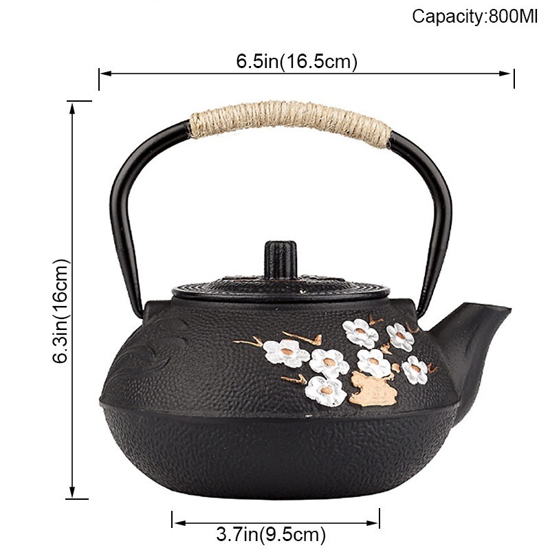 300ML 600ML 800Ml Black Japanese Cast Iron tea Kettle Teapot With Infuser Plum Blossom