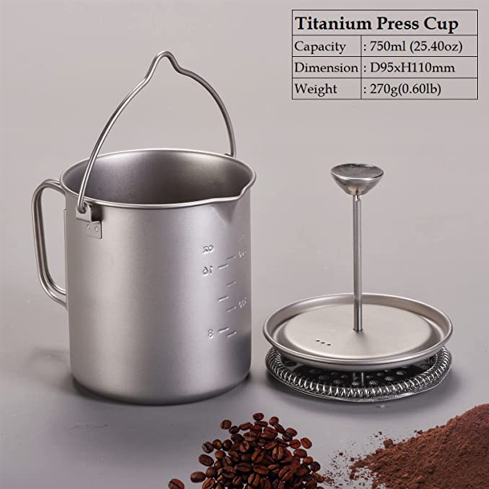 Outdoor Coffee Maker Max 750ml Cup, Camp Cooking Pot Multi-Functional Travel Mate, Portable Camping Titanium French Press