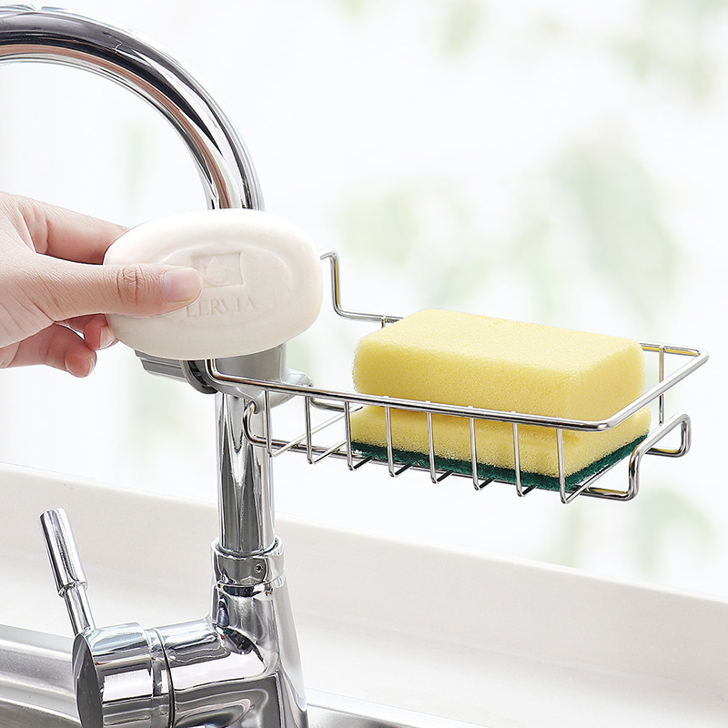 Stainless steel kitchen draining faucet storage rack for sponge soap holder