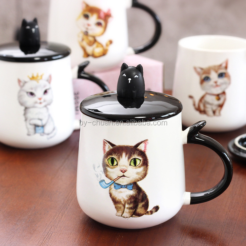 Hot Sale Lovely Kitty Ceramics Cup With Stereoscopic Black Cat Lid Cartoon Cute Kitten Breakfast Milk Cappuccino Coffee Mug