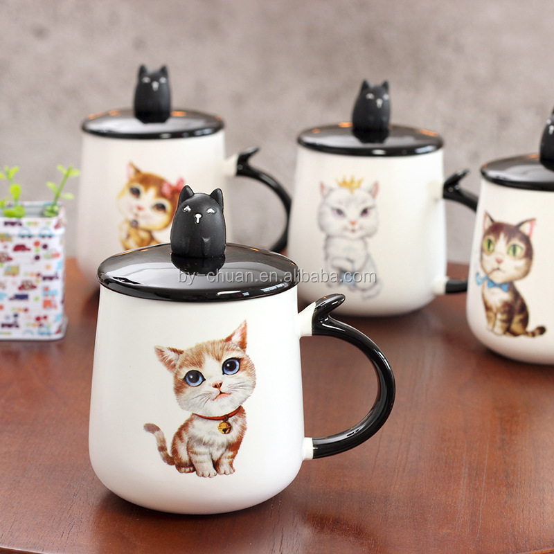 Hot Sale Lovely Kitty Ceramics Cup With Stereoscopic Black Cat Lid Cartoon Cute Kitten Breakfast Milk Cappuccino Coffee Mug