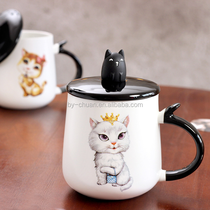 Hot Sale Lovely Kitty Ceramics Cup With Stereoscopic Black Cat Lid Cartoon Cute Kitten Breakfast Milk Cappuccino Coffee Mug