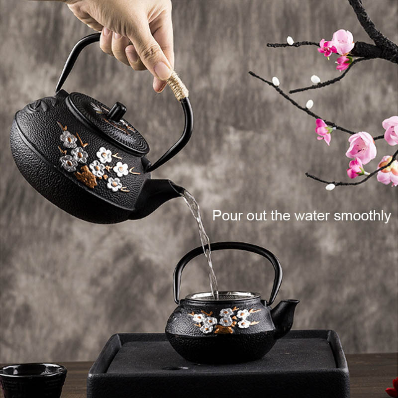 300ML 600ML 800Ml Black Japanese Cast Iron tea Kettle Teapot With Infuser Plum Blossom