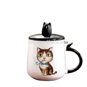 Hot Sale Lovely Kitty Ceramics Cup With Stereoscopic Black Cat Lid Cartoon Cute Kitten Breakfast Milk Cappuccino Coffee Mug