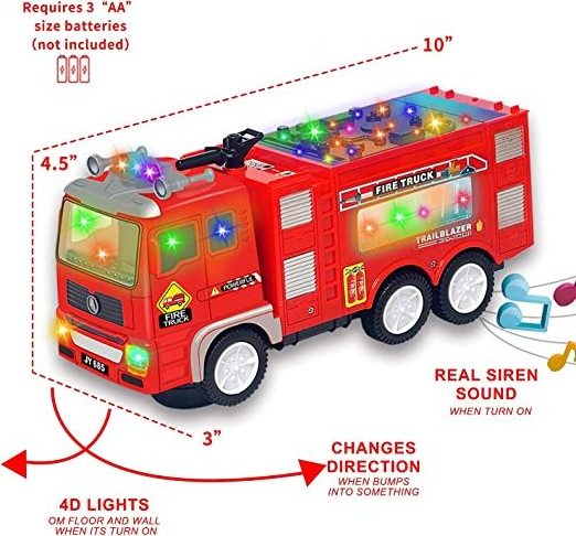 Electric Fire Truck Kids Toy  Bright Flashing 4D Lights & Real Siren Sounds Bump and Go Firetruck  Contact Fire Engine Toy Truck