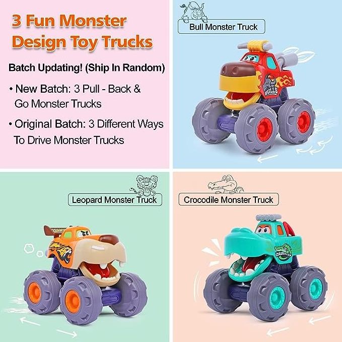 Hot sale Monster Truck Toy 3pcs Cartoon Friction Car Crocodile Friction Powered Bull Car Pull Back Leopard Car Big Wheel Truck