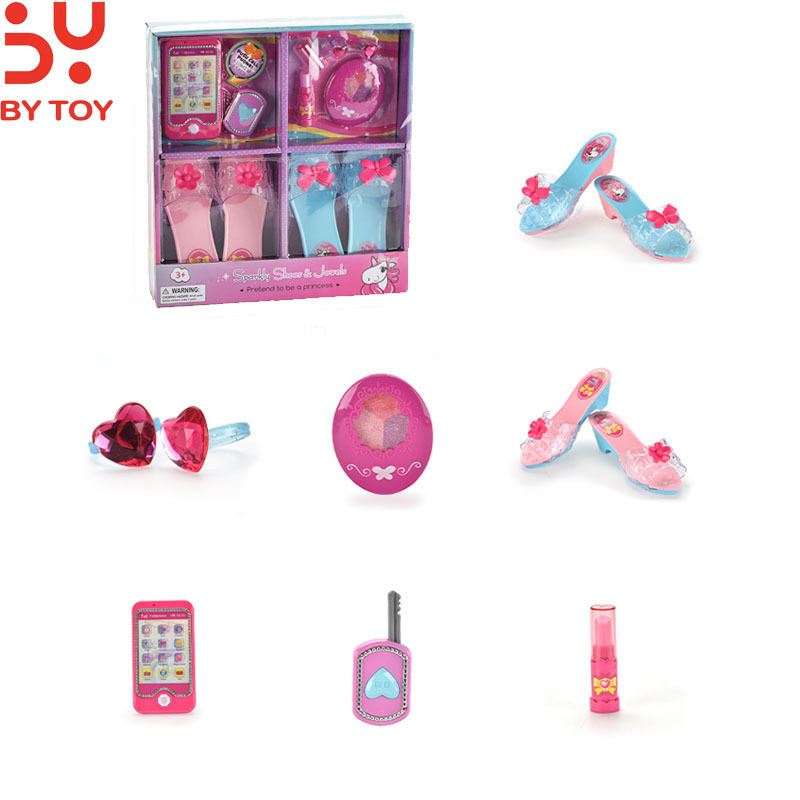 2023 Best Girl Gift Kids Beauty Set Toy Plastic Crown High Heel Shoes Princess Jewelry Toy Princesa Shoes Play Set