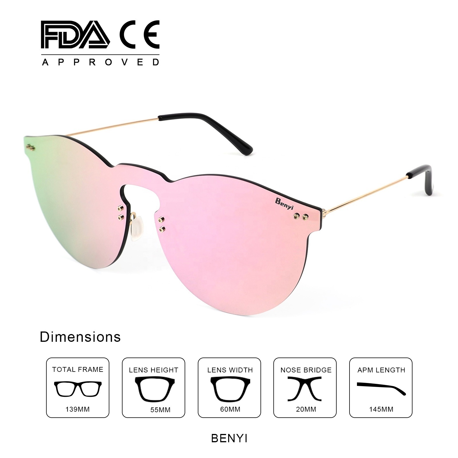 Summer Sunglass One Piece Lens Photochromic Mirrored metal stainless steel sunglasses for women