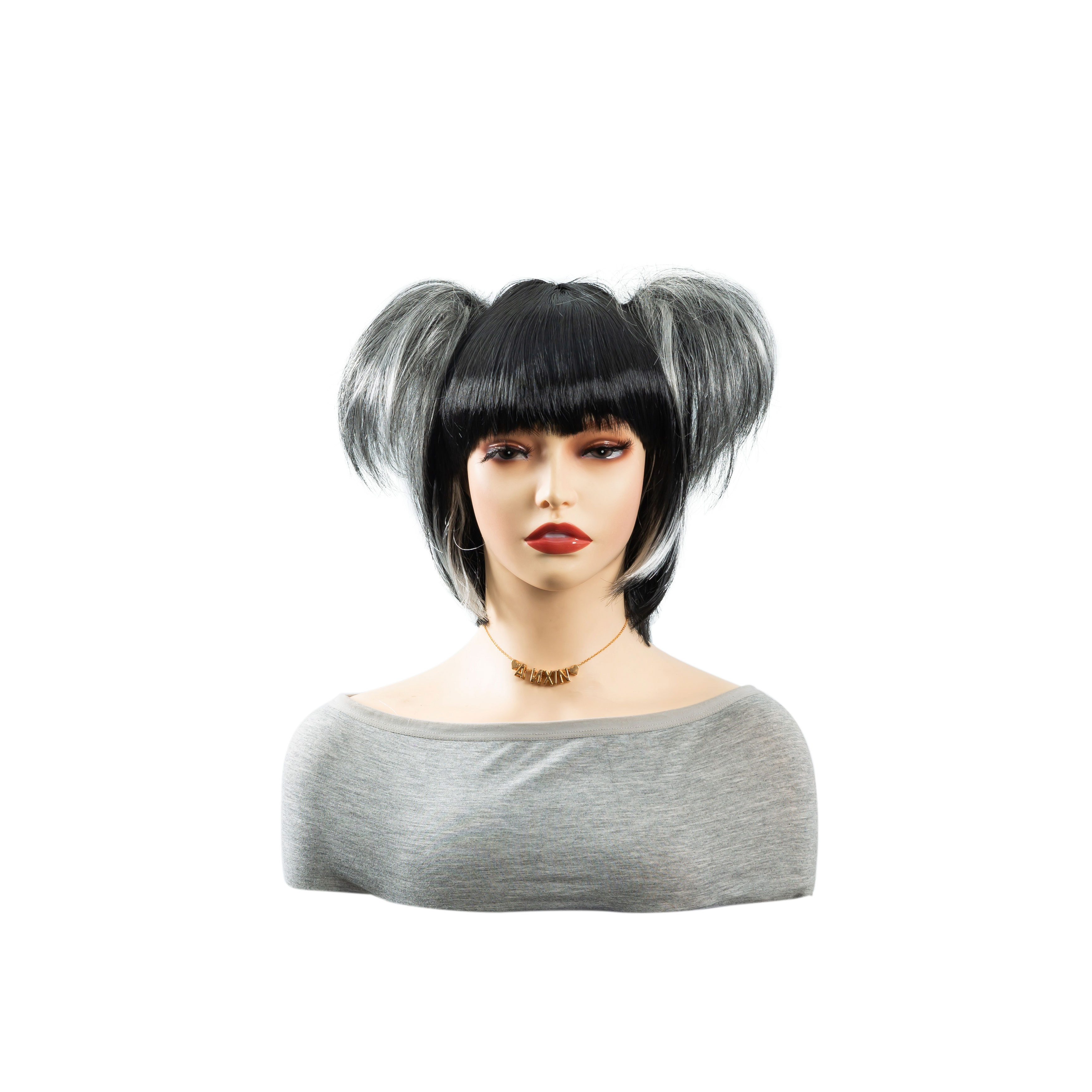 ANXIN Black Wig and Grey Braid Role Playing Wig Braid Women's Short Hair 2 Ponytail Halloween Wig