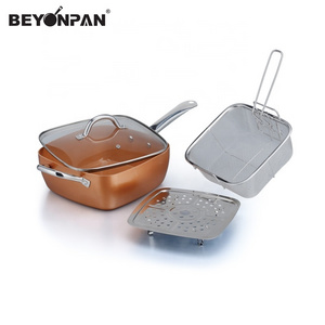 Aluminium Nonstick Copper Square Deep Pan Set With Fry Basket & Steamer, Multi Cooking Function