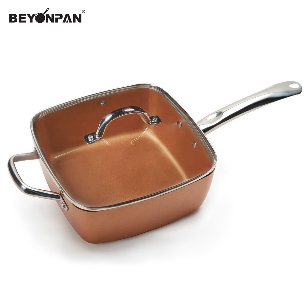 Aluminium Nonstick Copper Square Deep Pan Set With Fry Basket & Steamer, Multi Cooking Function