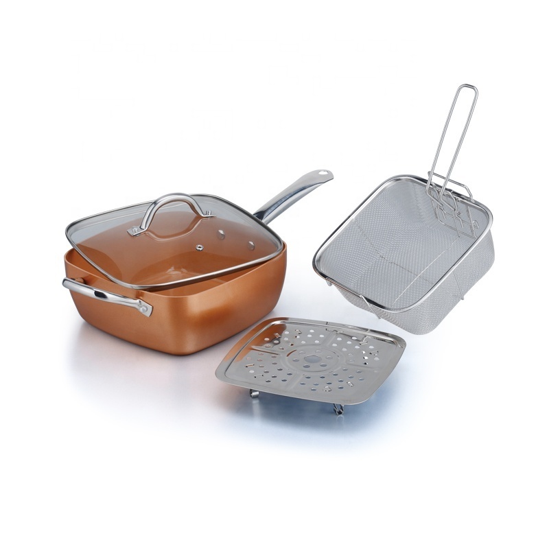 Aluminium Nonstick Copper Square Deep Pan Set With Fry Basket & Steamer, Multi Cooking Function