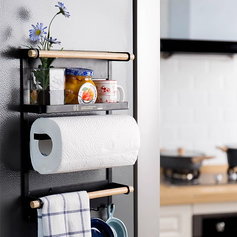 White Single Layer Refrigerator Shelf Kitchen Magnetic Paper Towel Holder Wall Mounted Wrought Iron Magnet Crisper Bag Storage