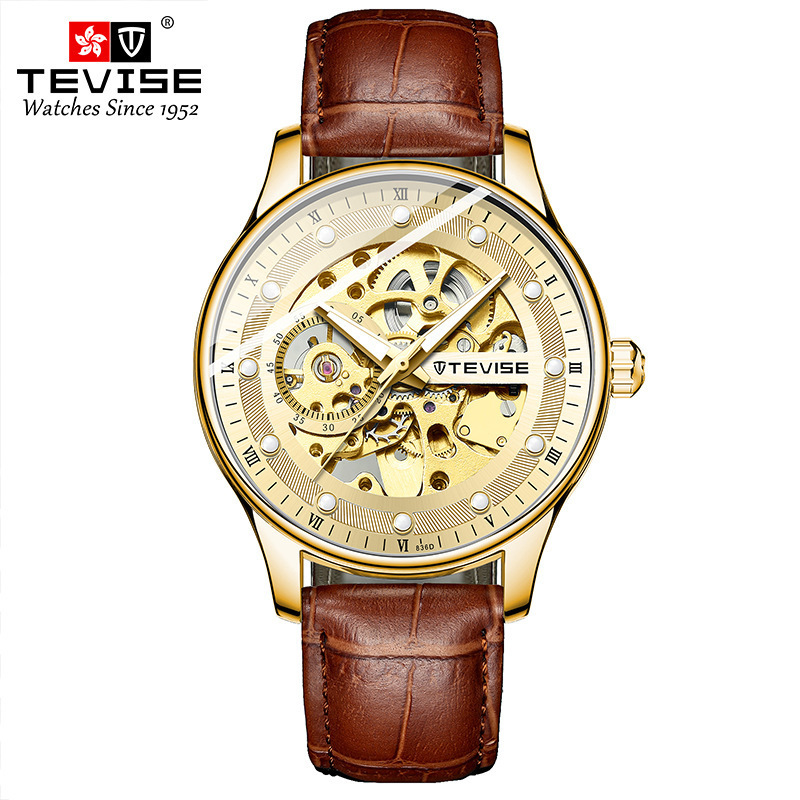 Tevises T836d Mens Water Proof For Man Leather Automatic Waterproof Watch Stainless Steel Case Strap Mechanical Watches Men