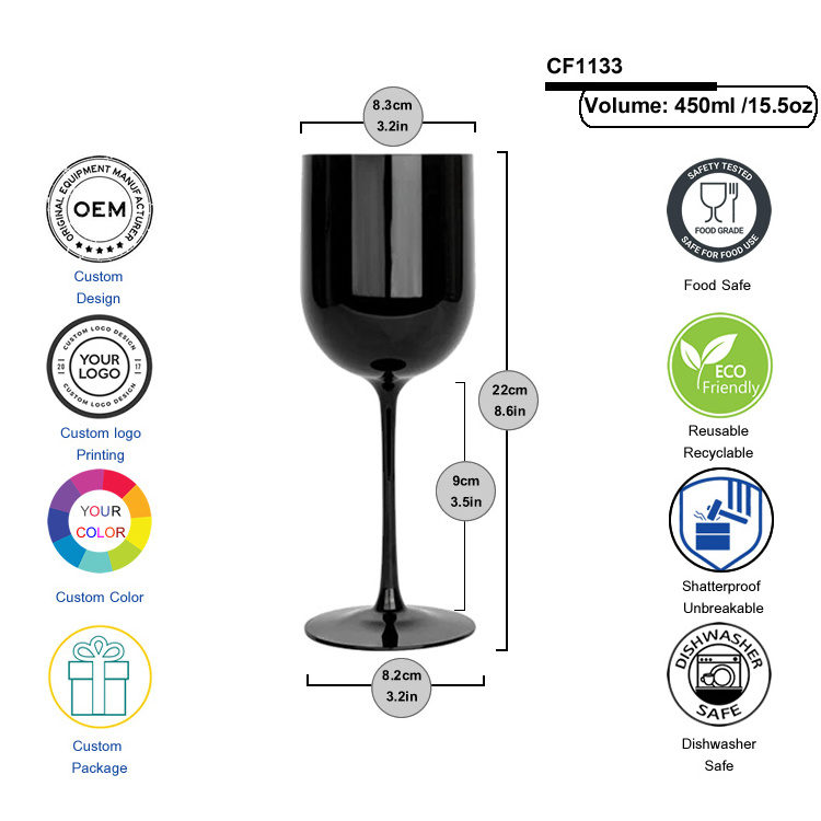 17OZ High Quality Customized Reusable Black Glass Bpa Free PP Wedding Plastic Wine Glasses