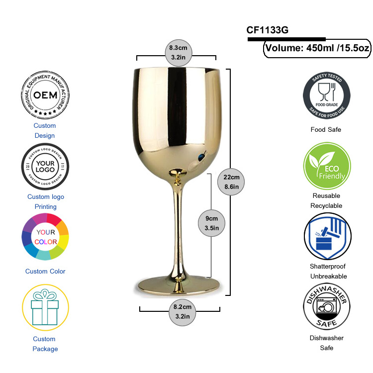 Food Grade Unbreakable Reusable Plastic Wine Glasses Wine Goblet with Gold Electroplating