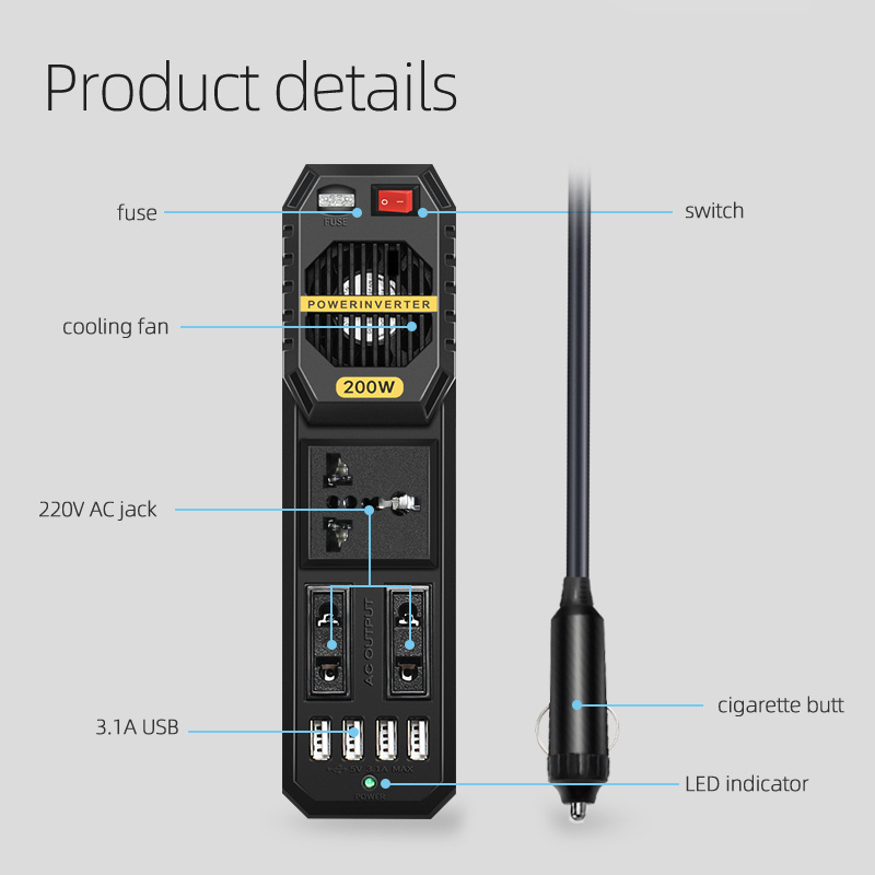 BYGD DC TO AC 12v 220v 150W Power Inverter Car Rechargeable Power Inverter With 4*2.1A USB Ports inverter 150 watt