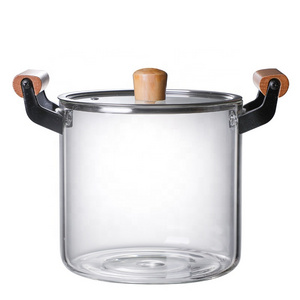 Custom Glass Soup Pot Heat Resistant  clear high borosilicate  glass cooking pot set cookware big size with wooden handle