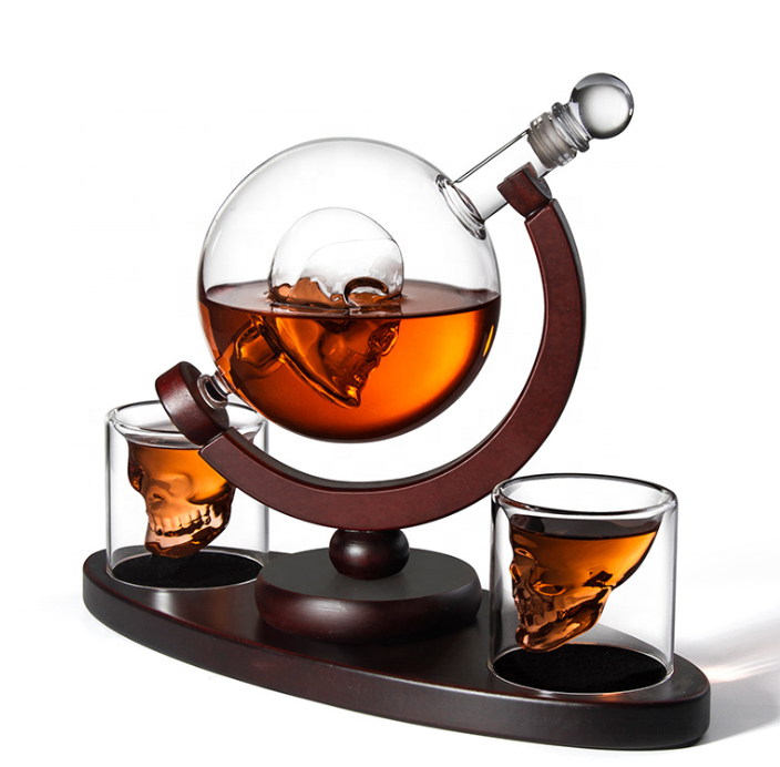 800ML globe  shaped Glass Whiskey Decanter set  shape skeleton inside and  wood base