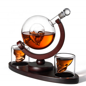 800ML globe  shaped Glass Whiskey Decanter set  shape skeleton inside and  wood base