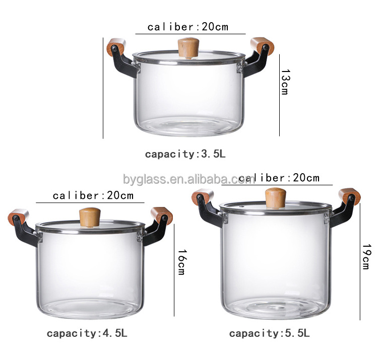 Custom Glass Soup Pot Heat Resistant  clear high borosilicate  glass cooking pot set cookware big size with wooden handle