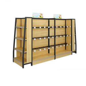 Hot selling double-sided iron and wood shelves retail display shelves with hook