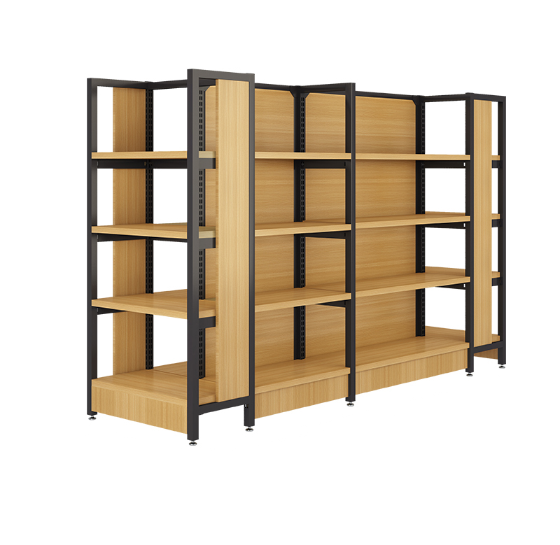 Hot selling double-sided iron and wood shelves retail display shelves with hook