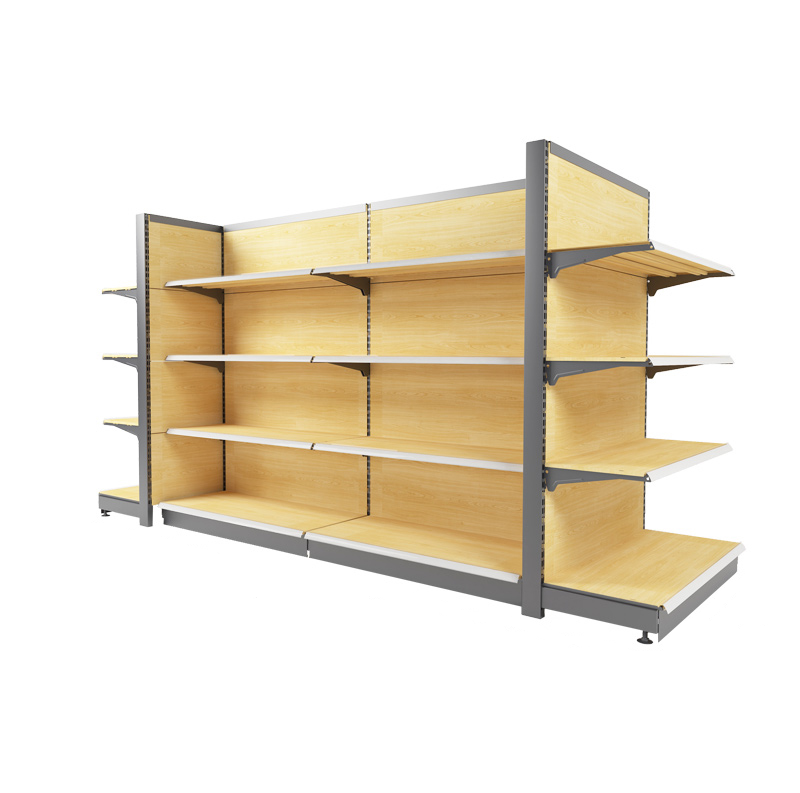 Hot selling double-sided iron and wood shelves retail display shelves with hook