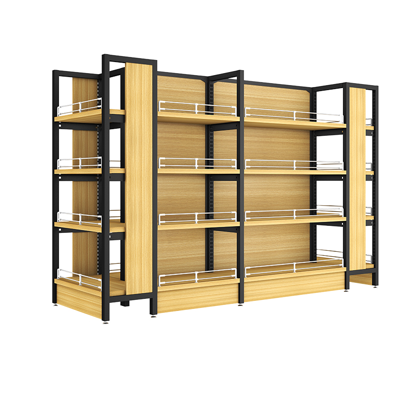 Hot selling double-sided iron and wood shelves retail display shelves with hook