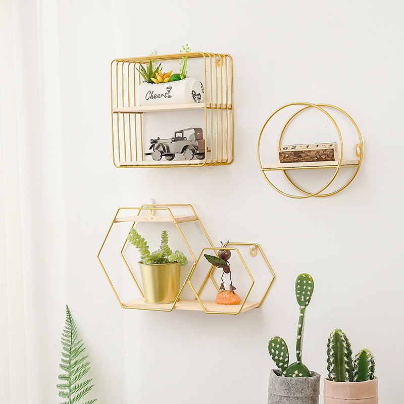 Metal Wall Mounted Hexagonal House Shape Floating Shelves with Wood Partition Nordic Wall Storage Rack shelf