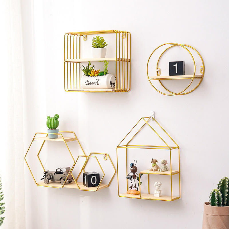 Metal Wall Mounted Hexagonal House Shape Floating Shelves with Wood Partition Nordic Wall Storage Rack shelf