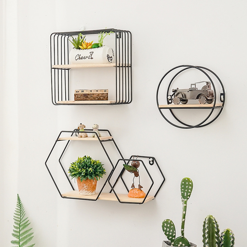 Metal Wall Mounted Hexagonal House Shape Floating Shelves with Wood Partition Nordic Wall Storage Rack shelf