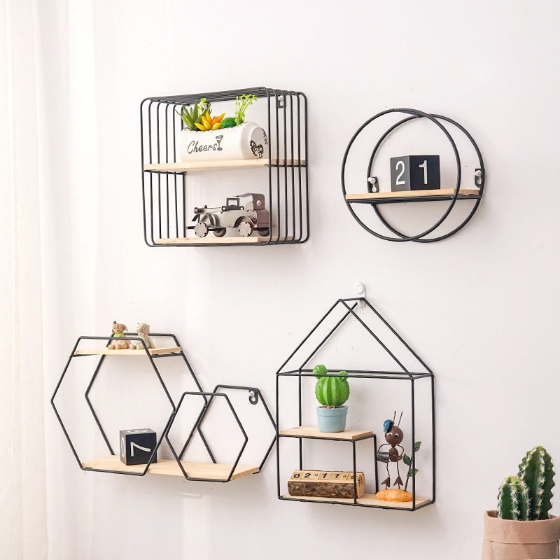 Metal Wall Mounted Hexagonal House Shape Floating Shelves with Wood Partition Nordic Wall Storage Rack shelf