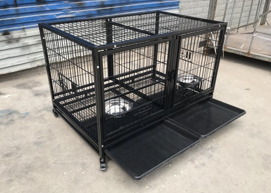 commercial 2 dog kennel stackable with dog bowls plastic tray