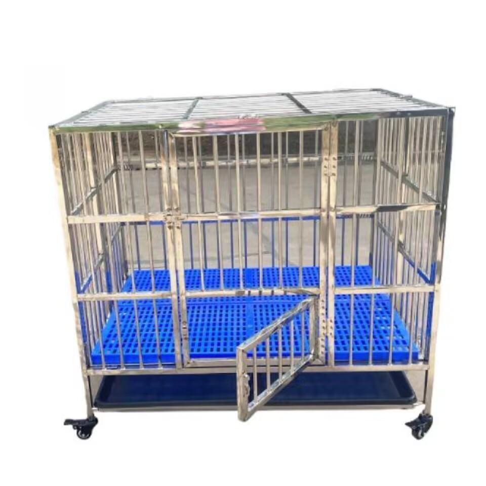 BAIYI Brand Foldable Stainless Steel Dog Cage, Dog Crate, Pet Cage with Plastic Floor