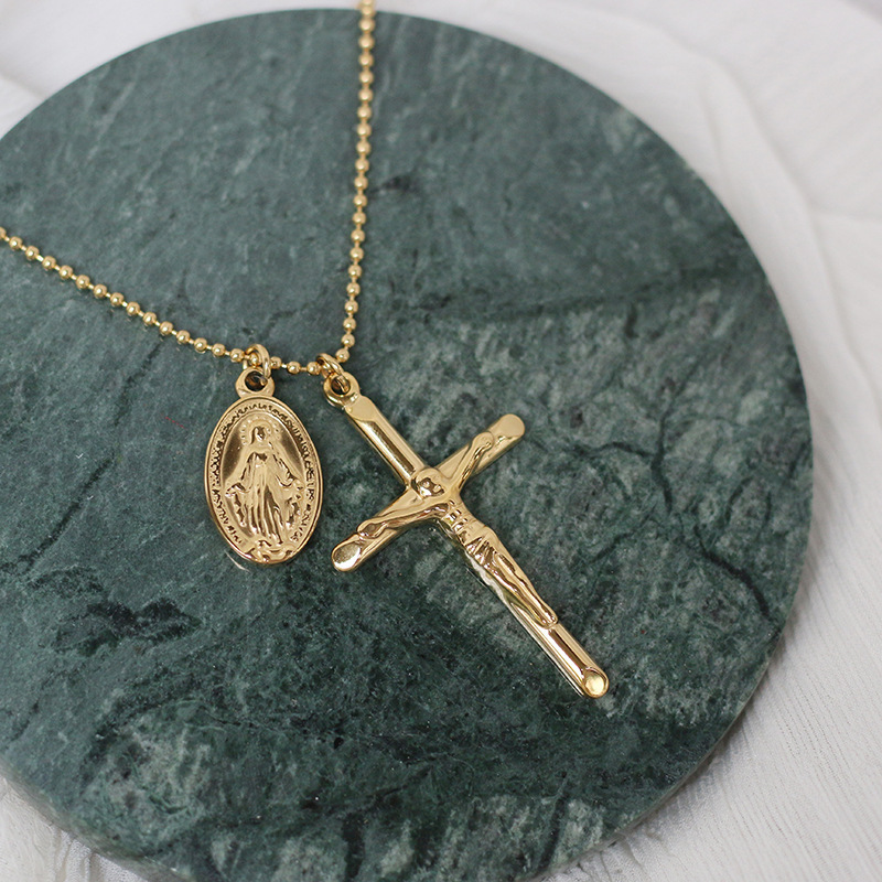 18k PVD Gold Plated Stainless Steel Jewelry Religious Christian Jesus Virgin Mary Cross Pendant Necklaces