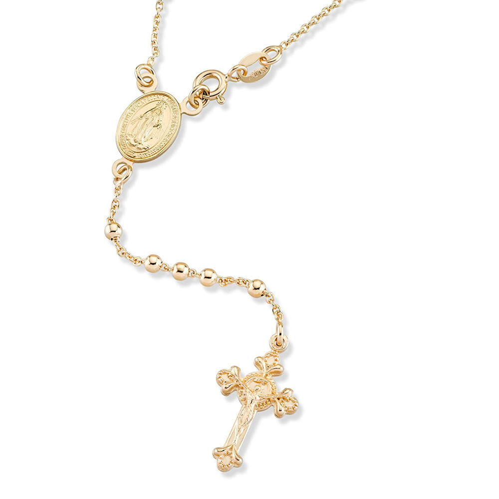 Stainless Steel Italian Rosary Bead Cross Y Necklace 18K Gold Plated Stainless Steel Women Necklace