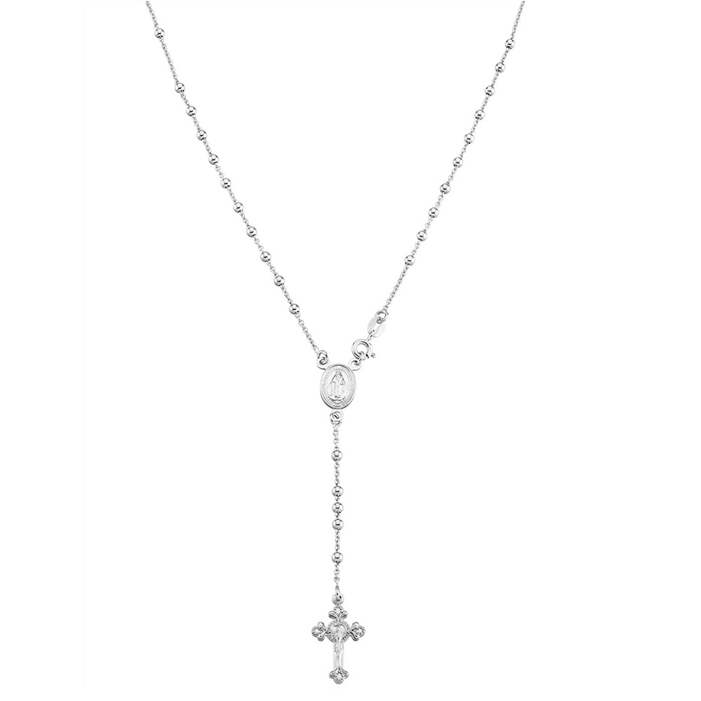 Stainless Steel Italian Rosary Bead Cross Y Necklace 18K Gold Plated Stainless Steel Women Necklace