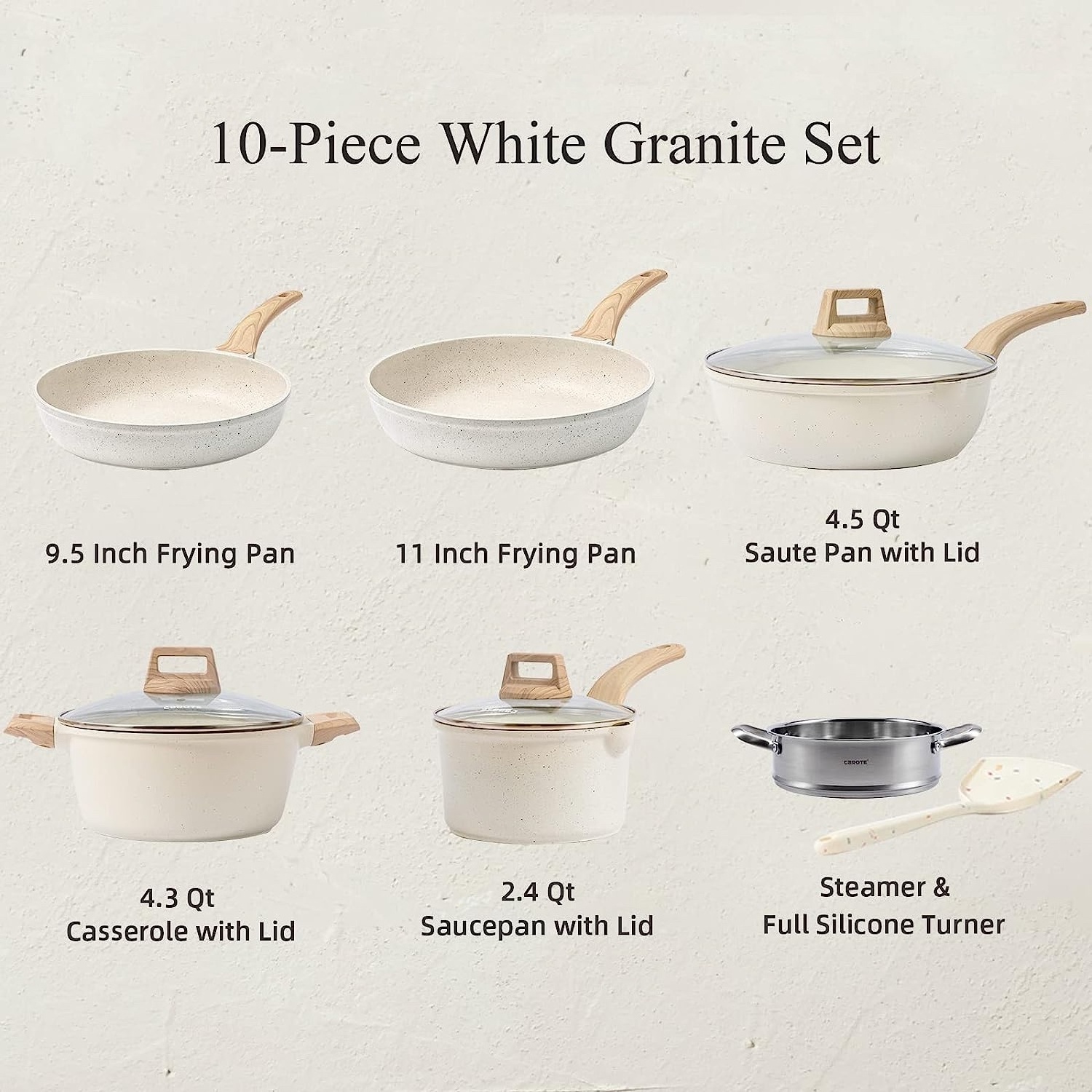 10-Piece Nonstick Pots and Pans Kitchen Utensils Sets White Granite Kitchen Cookware Induction Set with Frying Pans & Saucepans