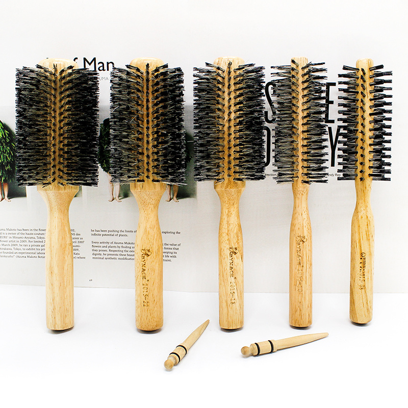 Boar Bristle Round Hair Brush Set Natural Wooden Handle Round HairBrush for Straightening Curling Volumizing and Detangling