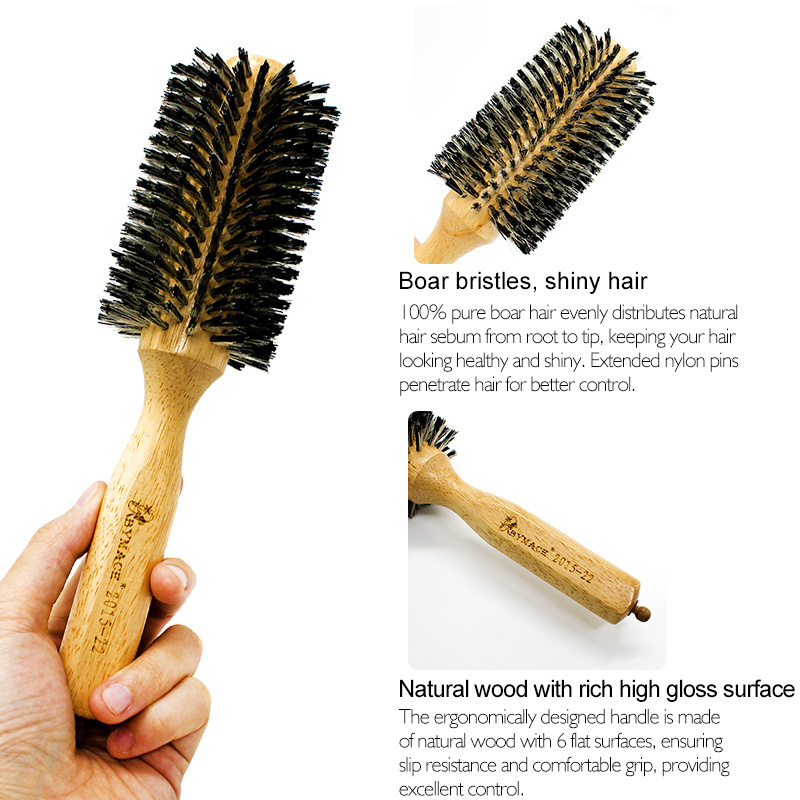 Boar Bristle Round Hair Brush Set Natural Wooden Handle Round HairBrush for Straightening Curling Volumizing and Detangling