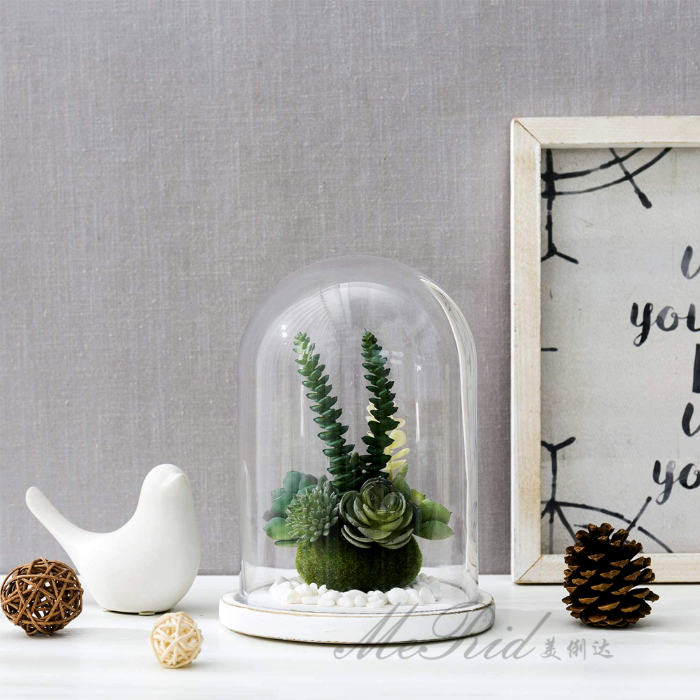 Wholesale Borosilicate Terrarium Clear Empty Hand Blown Glass Bell Jar Cloche Glass Dome Cover with wood base Eco-friendly