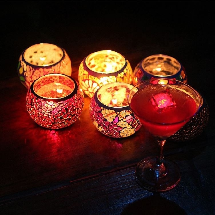 Elegant crackle glass tea light holder is a luxurious addition, Mosaic Hurricane Candle Holders